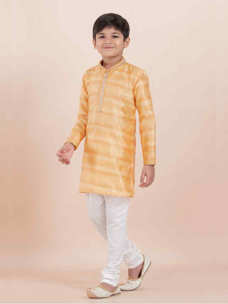 Yellow Cotton Self Jacquard Embroidered Festival Traditional Kurta Pyjama Boys Wear