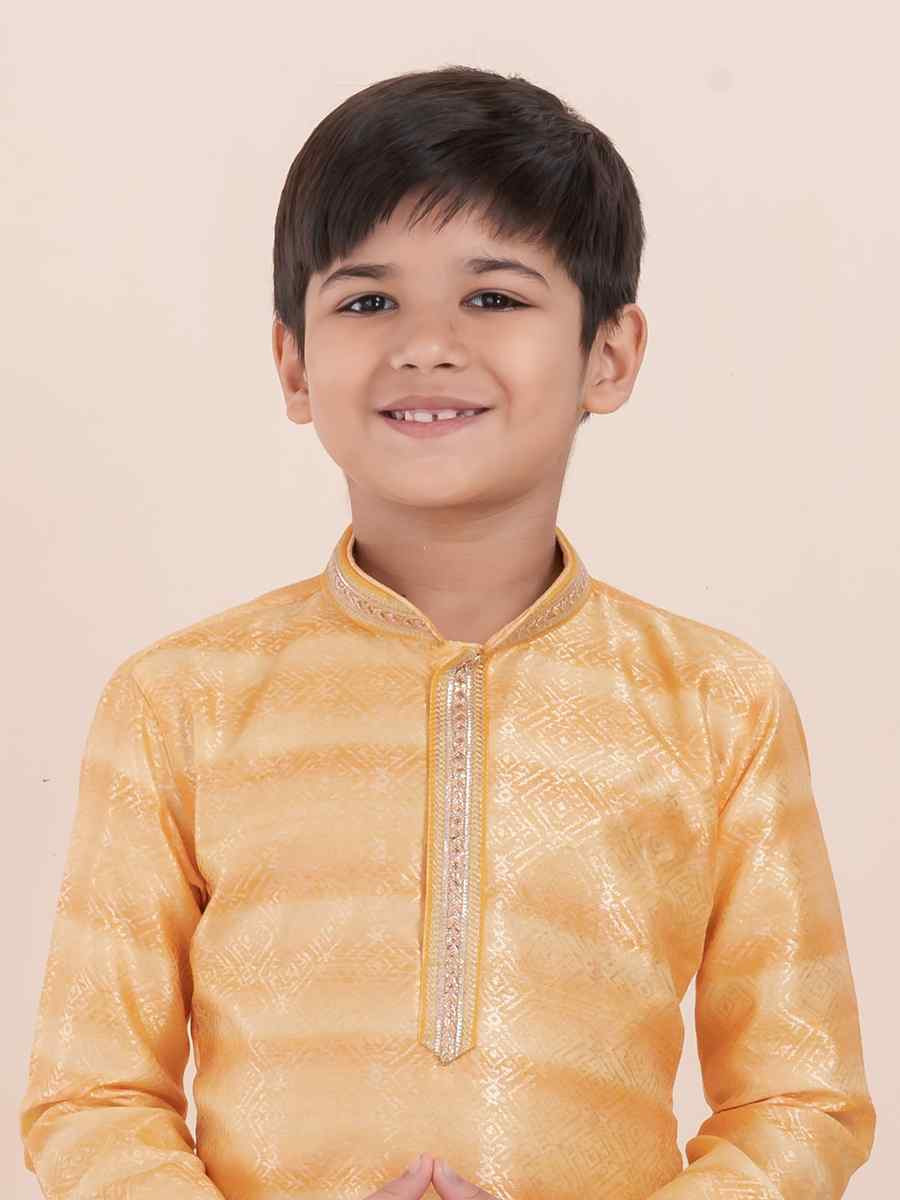 Yellow Cotton Self Jacquard Embroidered Festival Traditional Kurta Pyjama Boys Wear