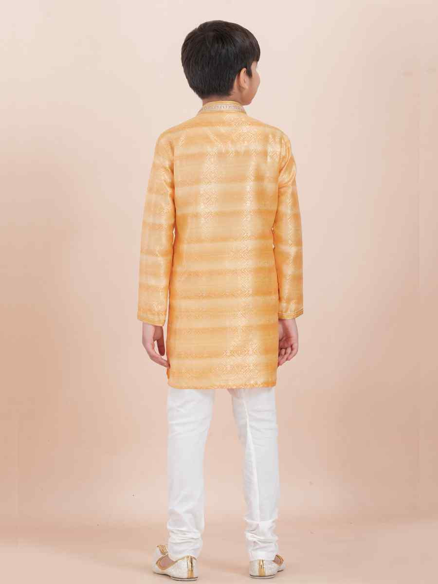 Yellow Cotton Self Jacquard Embroidered Festival Traditional Kurta Pyjama Boys Wear