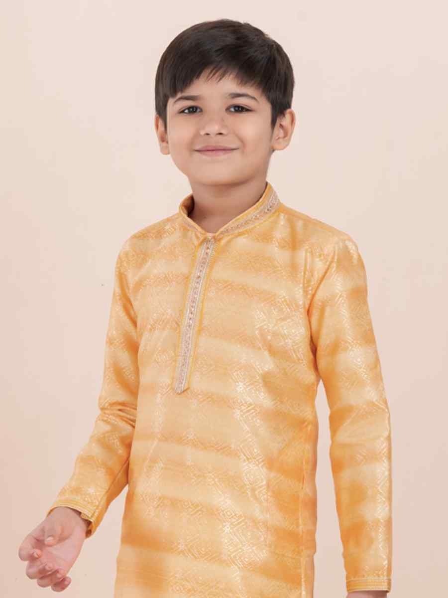 Yellow Cotton Self Jacquard Embroidered Festival Traditional Kurta Pyjama Boys Wear