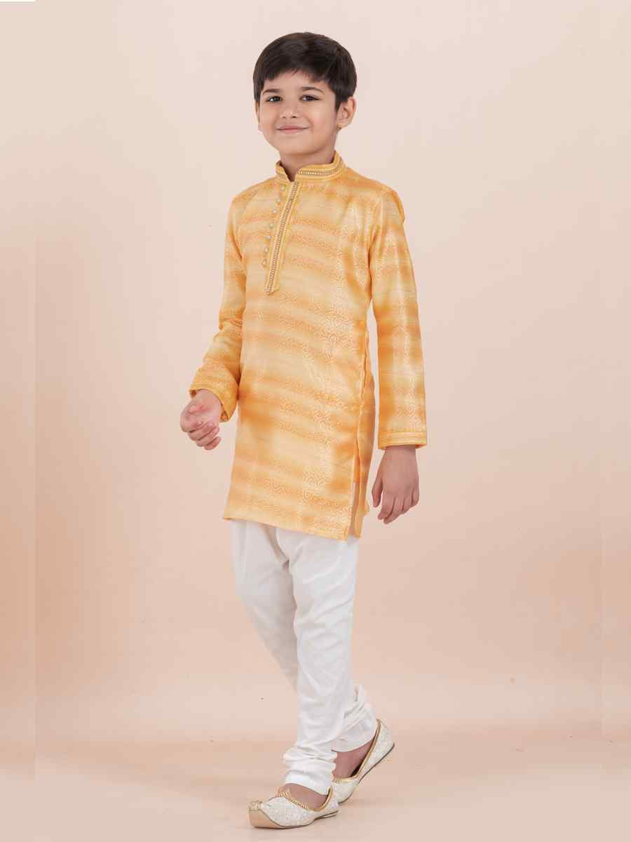 Yellow Cotton Self Jacquard Embroidered Festival Traditional Kurta Pyjama Boys Wear