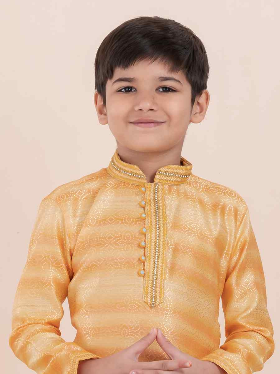 Yellow Cotton Self Jacquard Embroidered Festival Traditional Kurta Pyjama Boys Wear