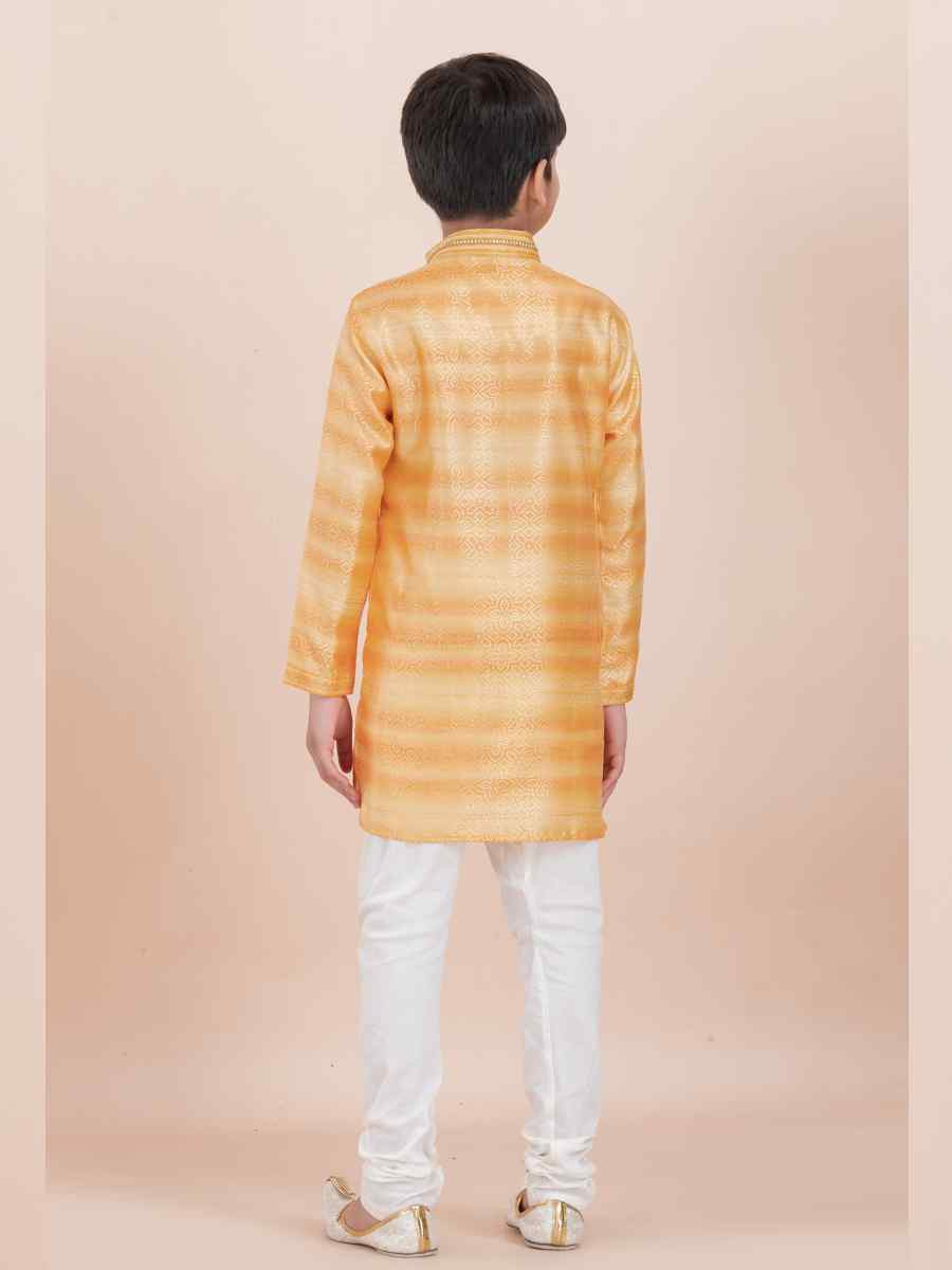 Yellow Cotton Self Jacquard Embroidered Festival Traditional Kurta Pyjama Boys Wear