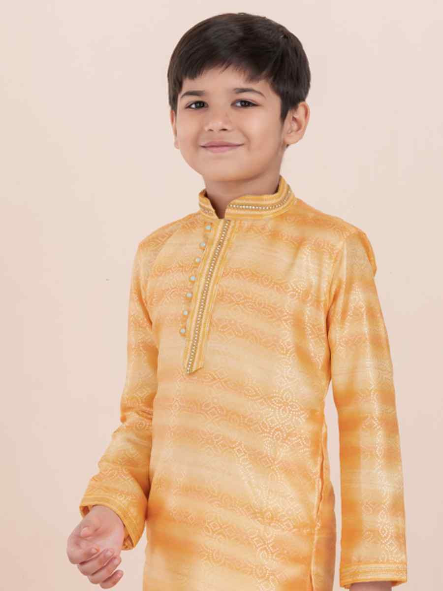Yellow Cotton Self Jacquard Embroidered Festival Traditional Kurta Pyjama Boys Wear