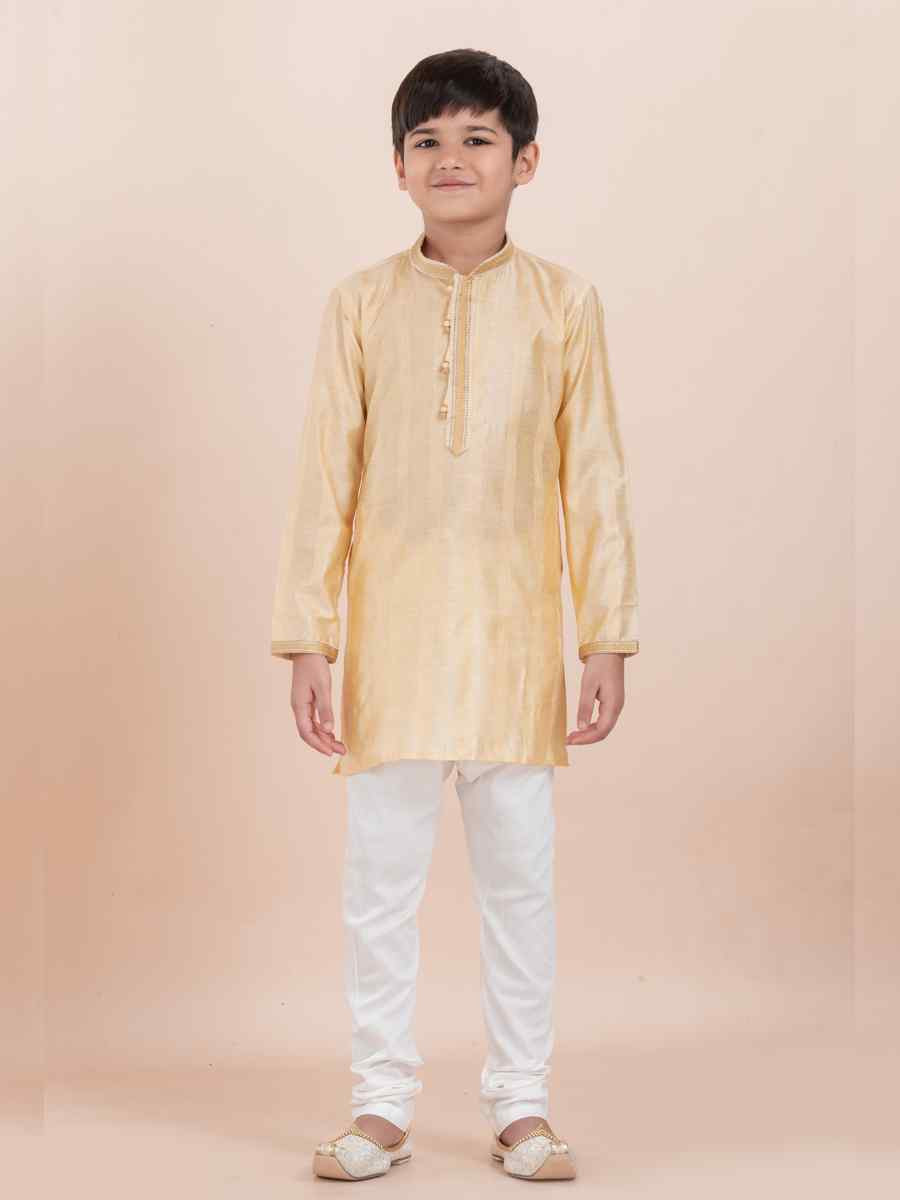 Yellow Cotton Self Jacquard Embroidered Festival Traditional Kurta Pyjama Boys Wear