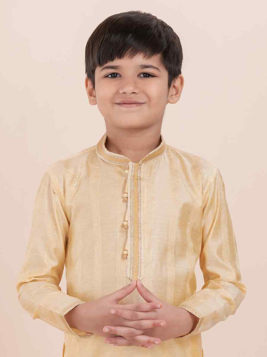 Yellow Cotton Self Jacquard Embroidered Festival Traditional Kurta Pyjama Boys Wear