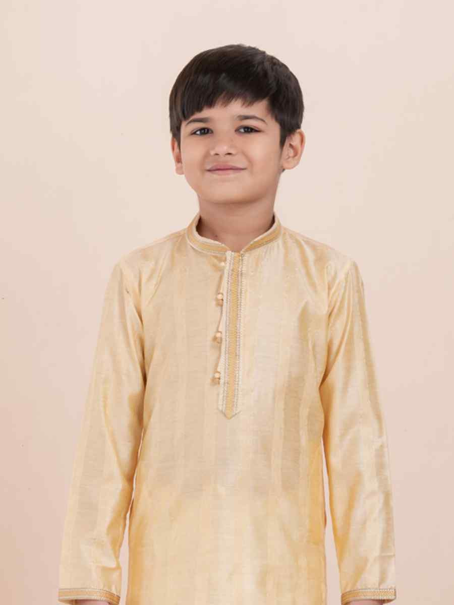 Yellow Cotton Self Jacquard Embroidered Festival Traditional Kurta Pyjama Boys Wear