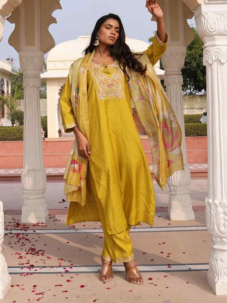 Yellow Cotton Silk Embroidered Casual Festival Pant Salwar Kameez