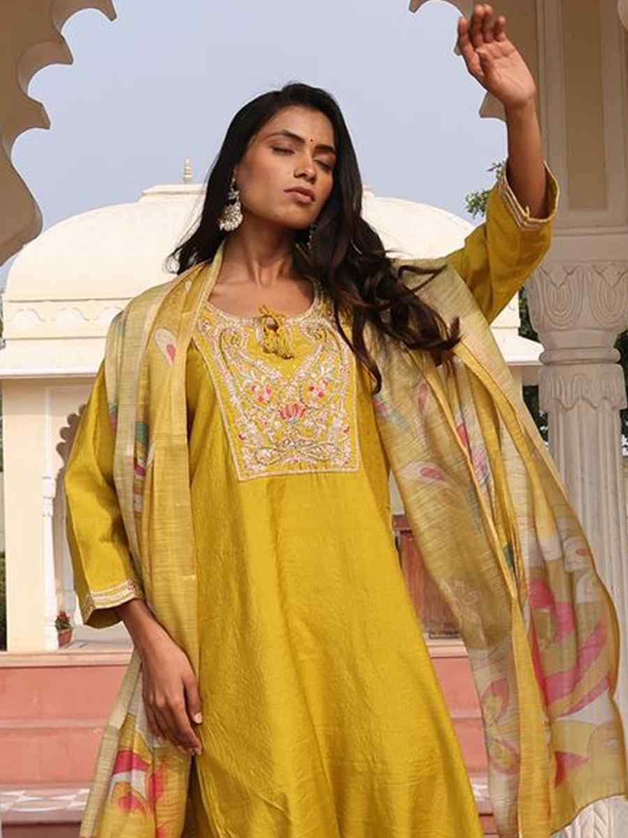 Yellow Cotton Silk Embroidered Casual Festival Pant Salwar Kameez