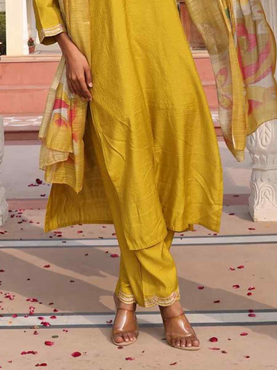 Yellow Cotton Silk Embroidered Casual Festival Pant Salwar Kameez