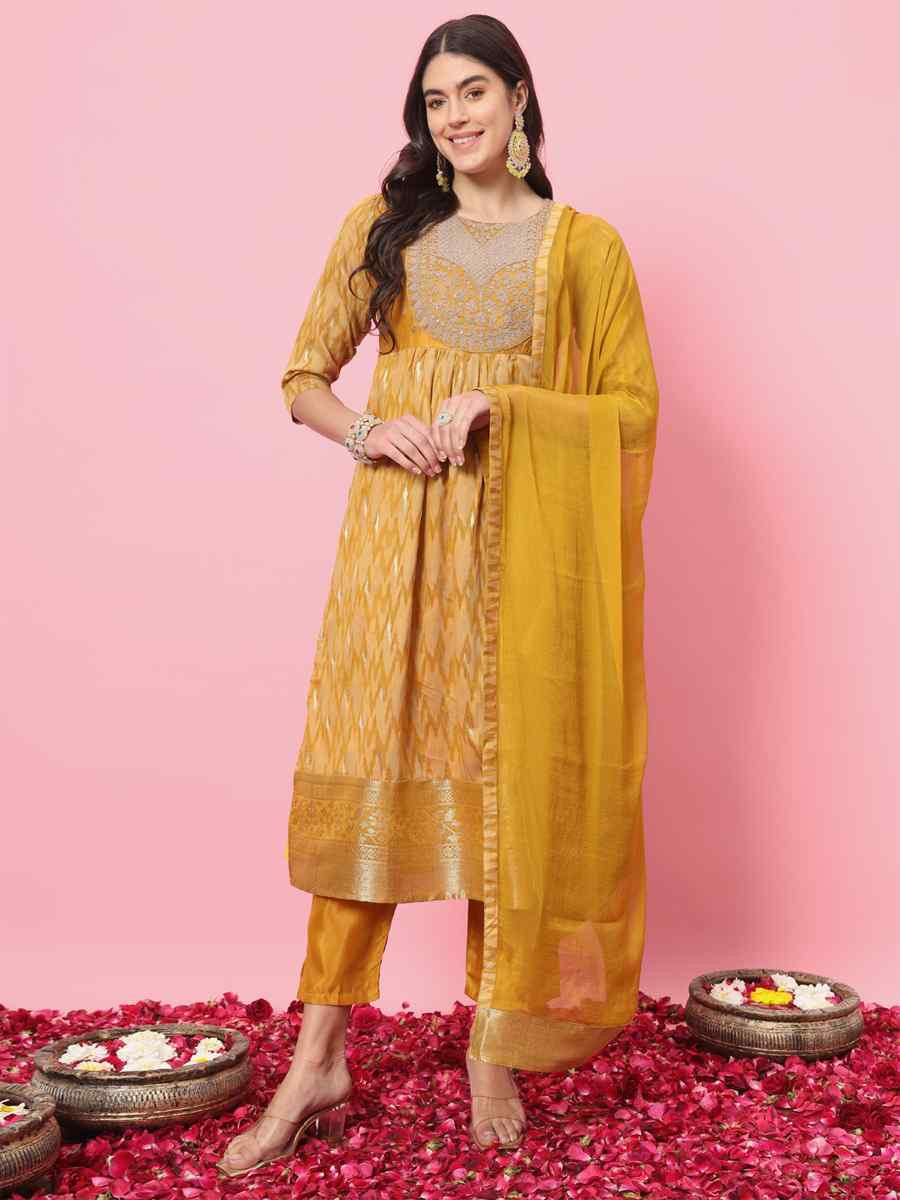 Yellow Cotton Silk Embroidery Party Wedding Festival Casual Ready Pant Salwar Kameez