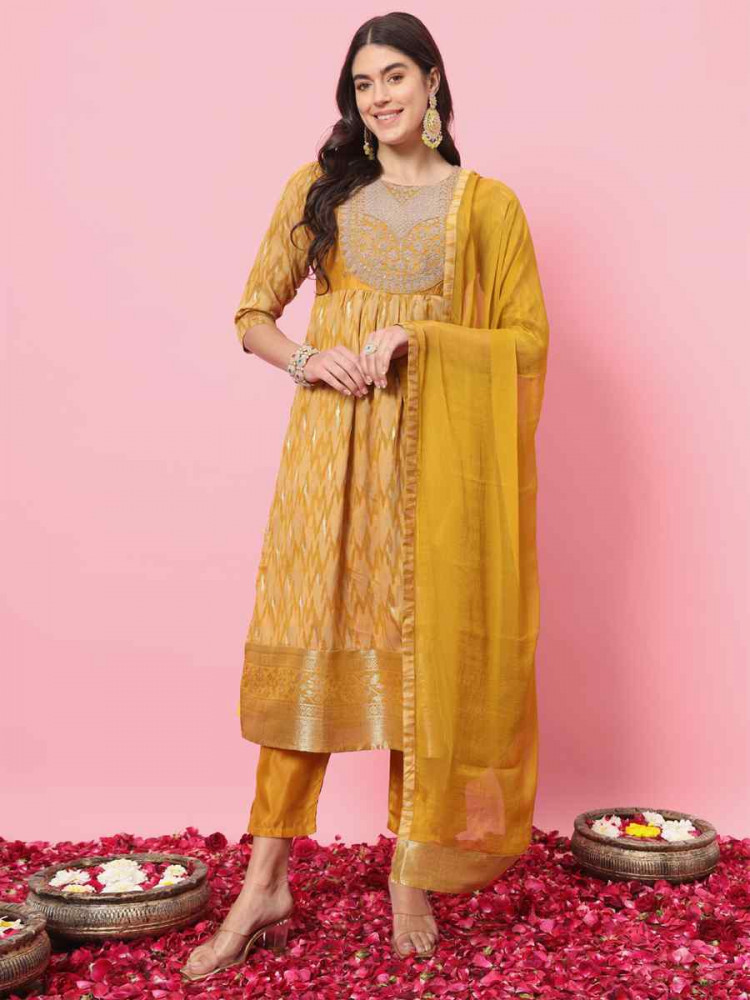 Image of Yellow Cotton Silk Embroidery Party Wedding Festival Casual Ready Pant Salwar Kameez