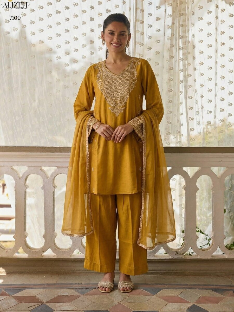 Yellow Cotton Silk Embroidery Wedding Party Festival Casual Ready Palazzo Pant Salwar Kameez