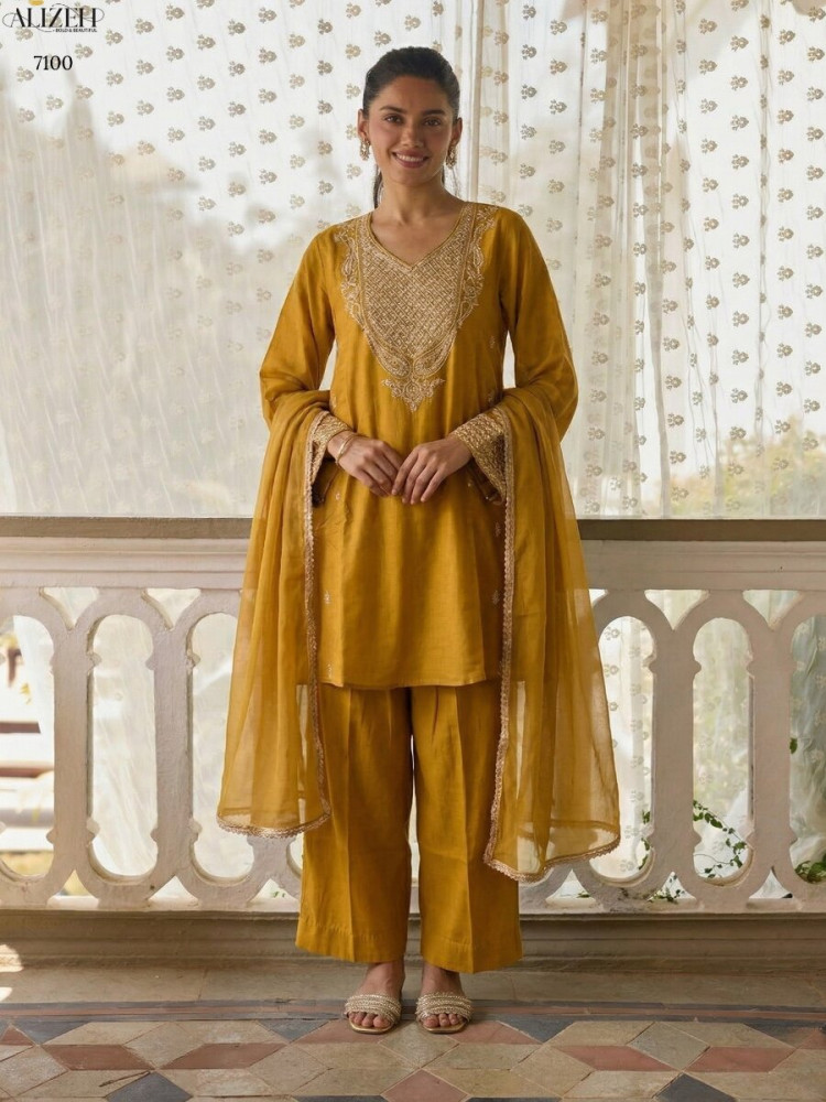 Image of Yellow Cotton Silk Embroidery Wedding Party Festival Casual Ready Palazzo Pant Salwar Kameez