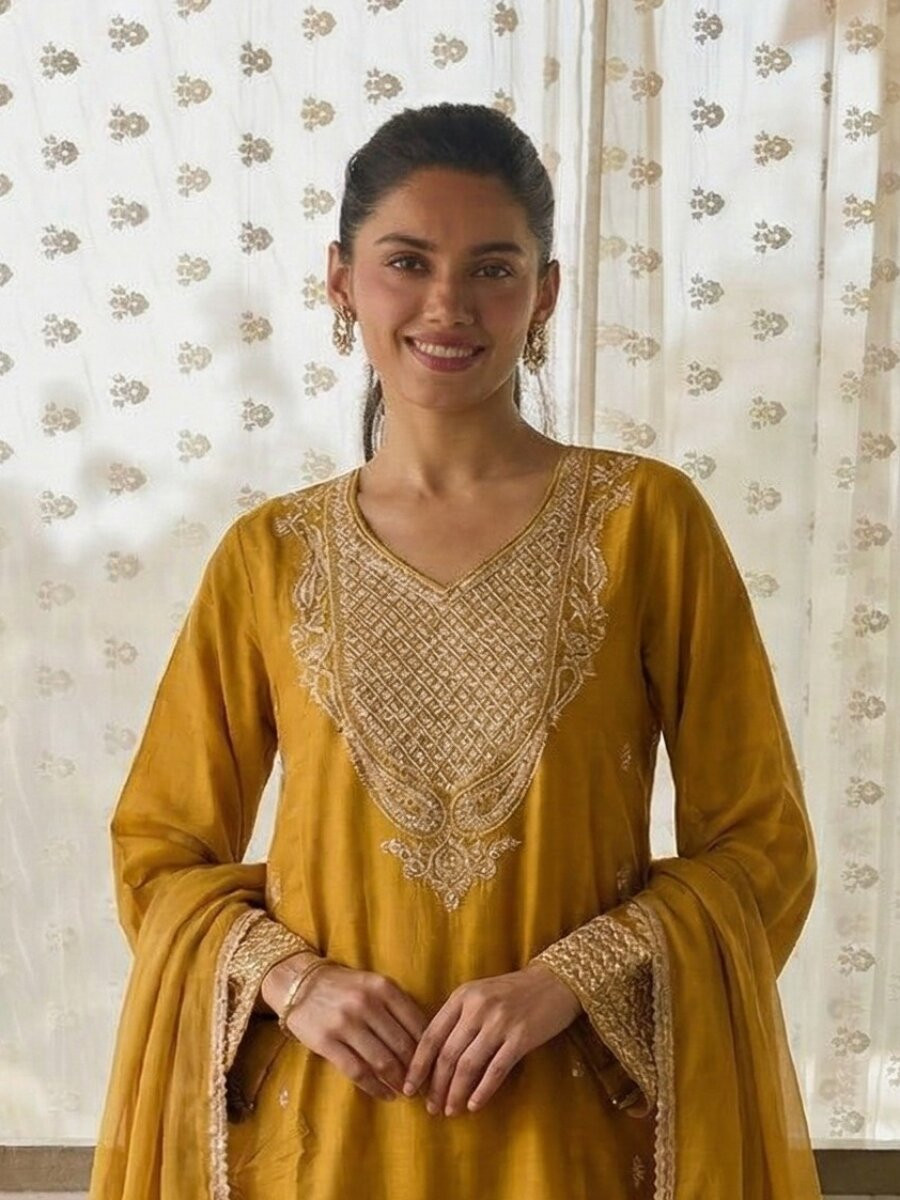 Yellow Cotton Silk Embroidery Wedding Party Festival Casual Ready Palazzo Pant Salwar Kameez