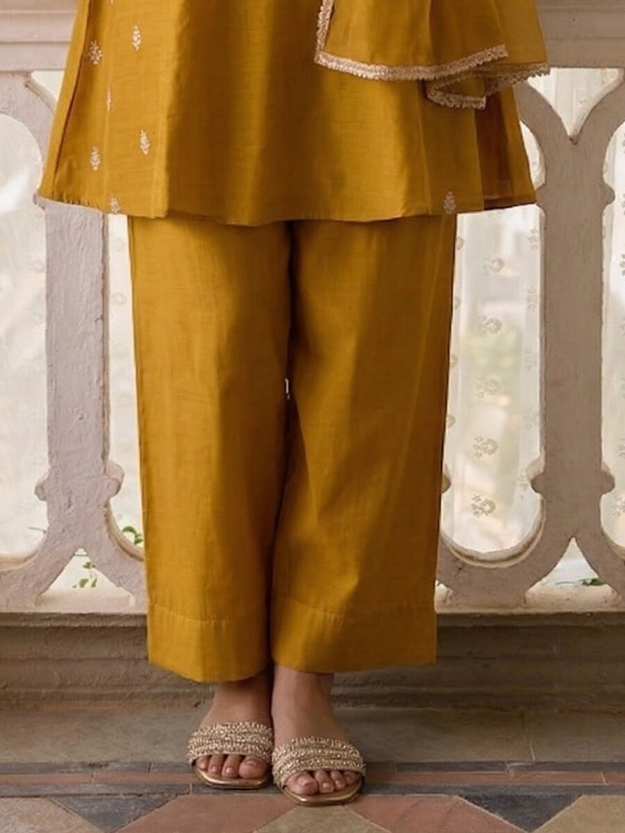 Yellow Cotton Silk Embroidery Wedding Party Festival Casual Ready Palazzo Pant Salwar Kameez
