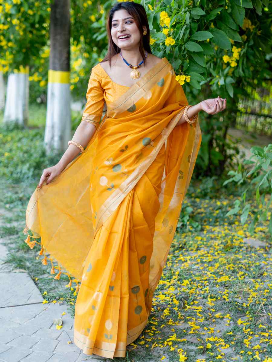 Yellow Cotton Silk Handwoven Casual Festival Classic Style Saree