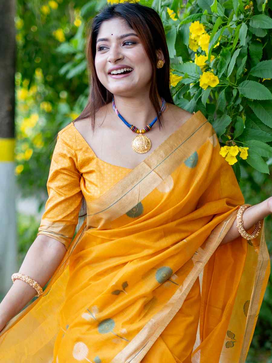 Yellow Cotton Silk Handwoven Casual Festival Classic Style Saree