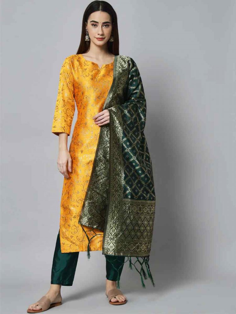 Yellow Cotton Silk Handwoven Festival Mehendi Ready Pant Salwar Kameez