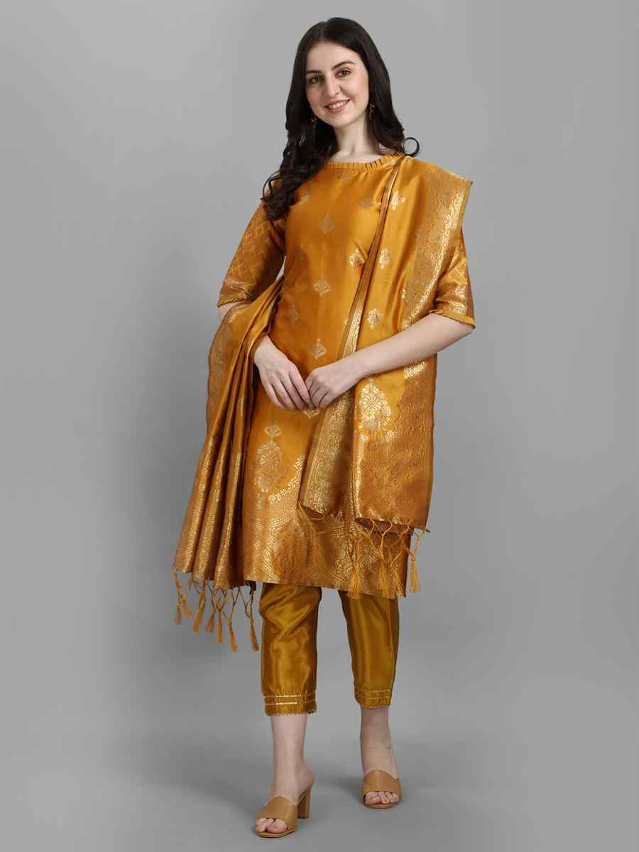Yellow Cotton Silk Jacquard Handwoven Party Wedding Festival Casual Ready Pant Salwar Kameez