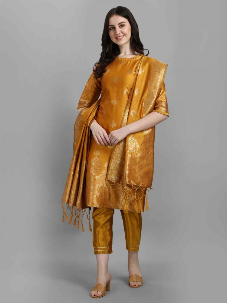 Image of Yellow Cotton Silk Jacquard Handwoven Party Wedding Festival Casual Ready Pant Salwar Kameez