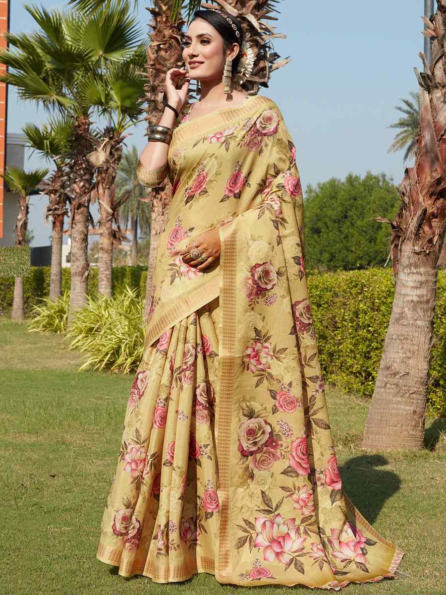 Yellow Cotton Silk Printed Party Festival Contemporary Saree