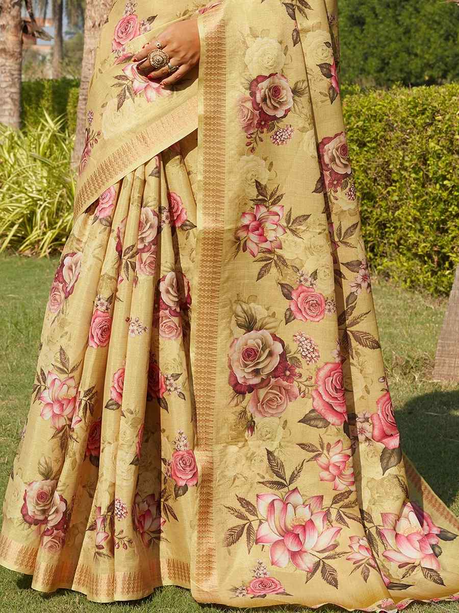 Yellow Cotton Silk Printed Party Festival Contemporary Saree