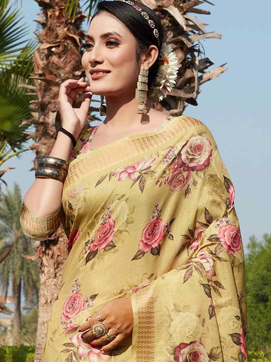 Yellow Cotton Silk Printed Party Festival Contemporary Saree