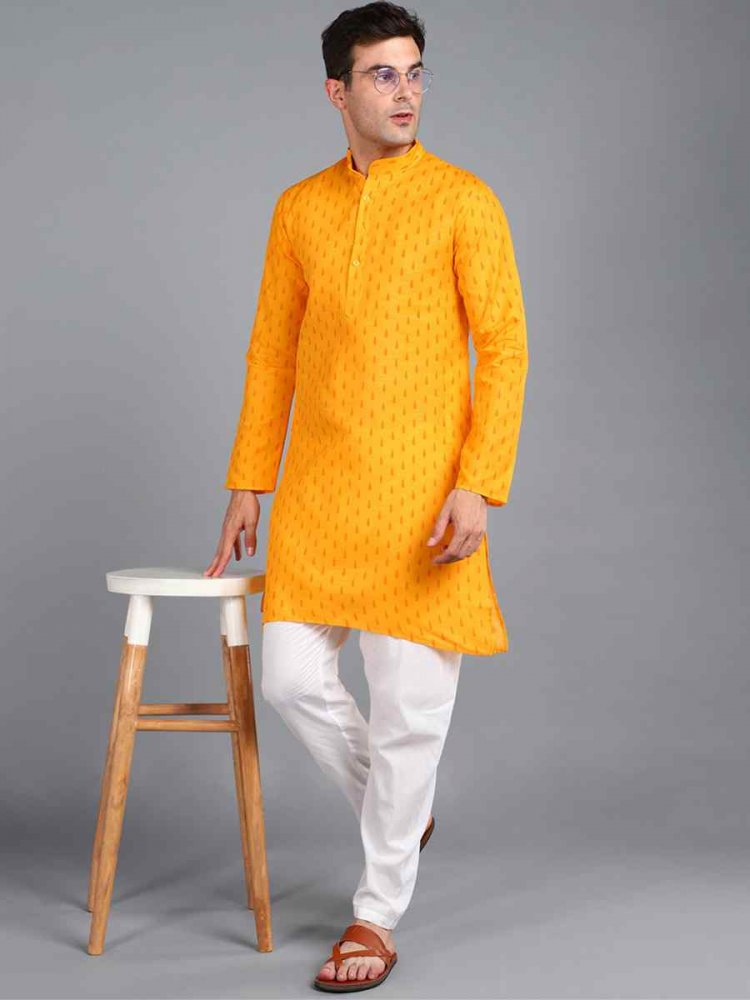 Yellow Cotton Woven Festival Kurta