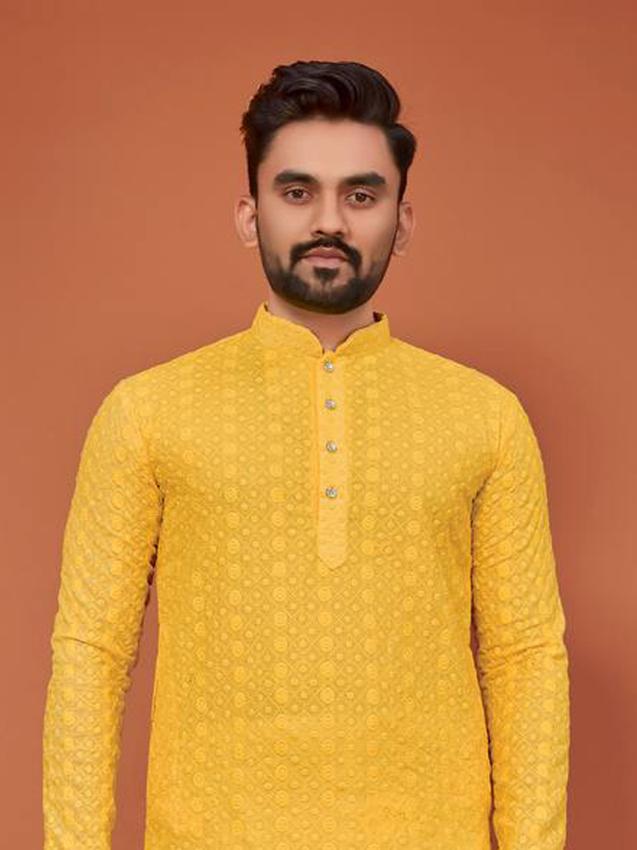 Yellow Cotton Woven Festival Mehendi Kurta