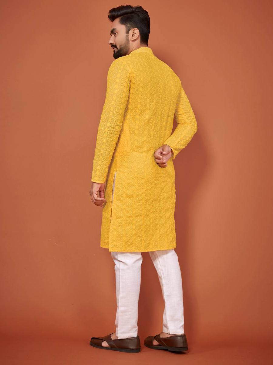 Yellow Cotton Woven Festival Mehendi Kurta