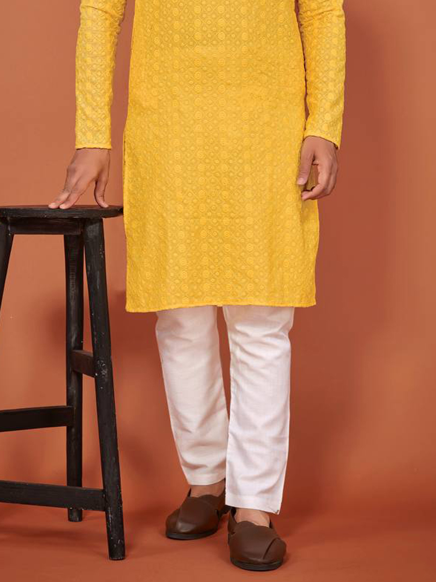 Yellow Cotton Woven Festival Mehendi Kurta