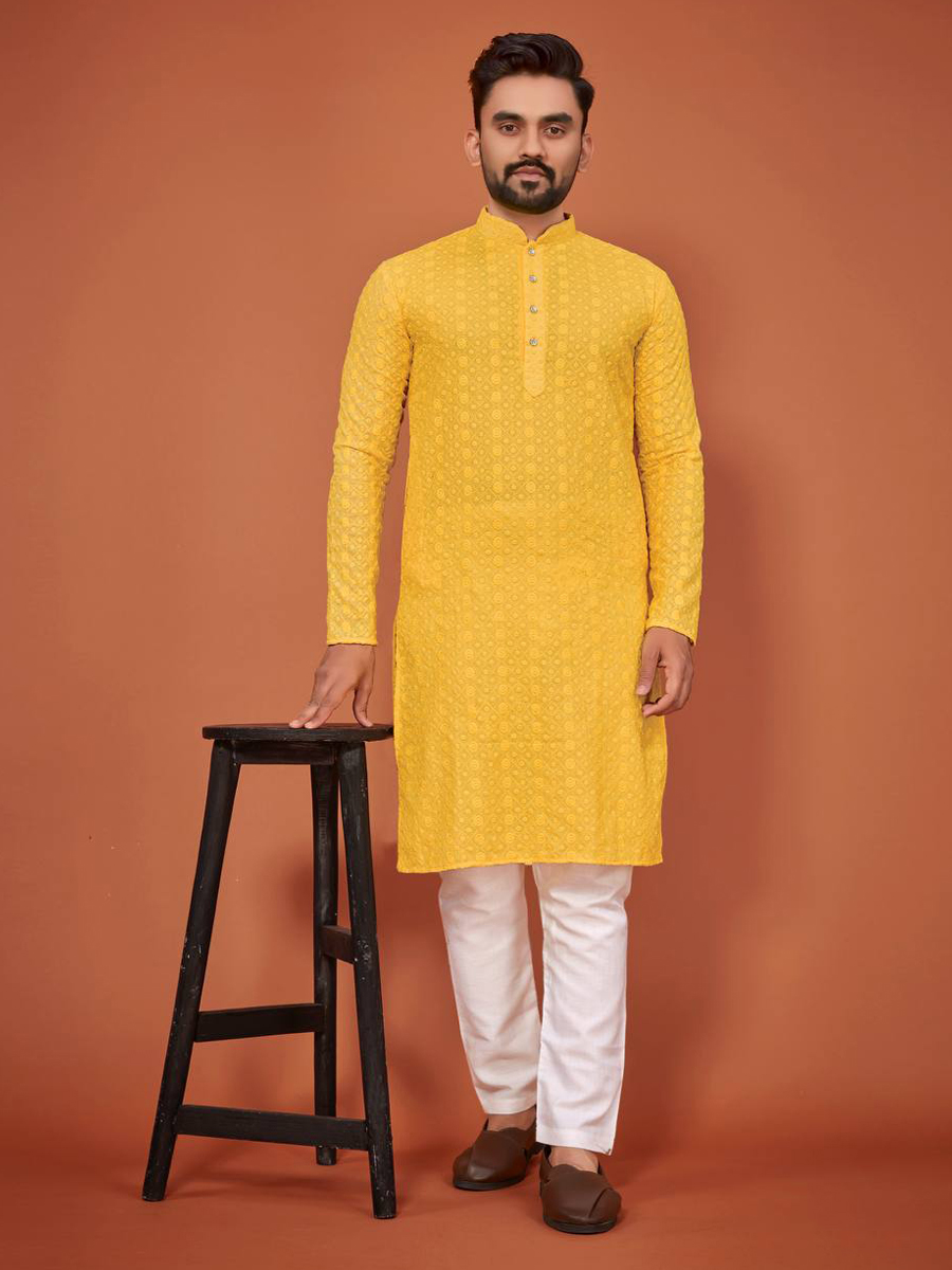Yellow Cotton Woven Festival Mehendi Kurta