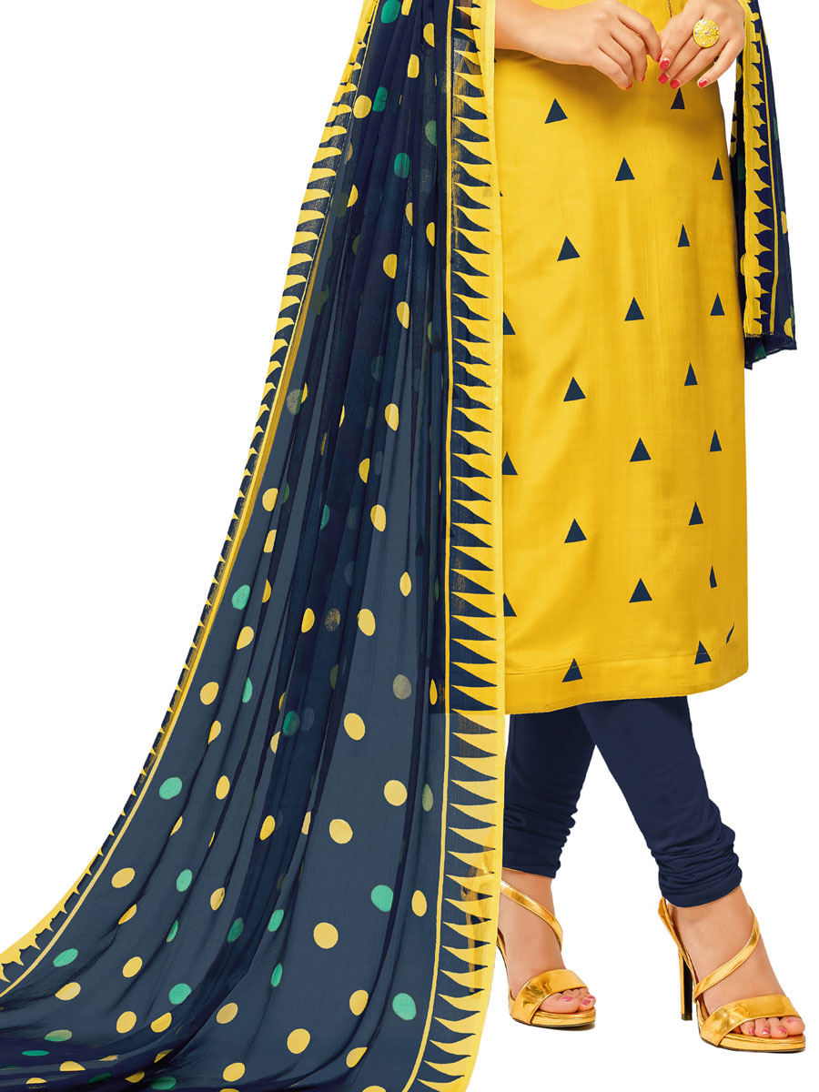 Yellow Crape Embroidered Party Churidar Pant Kameez