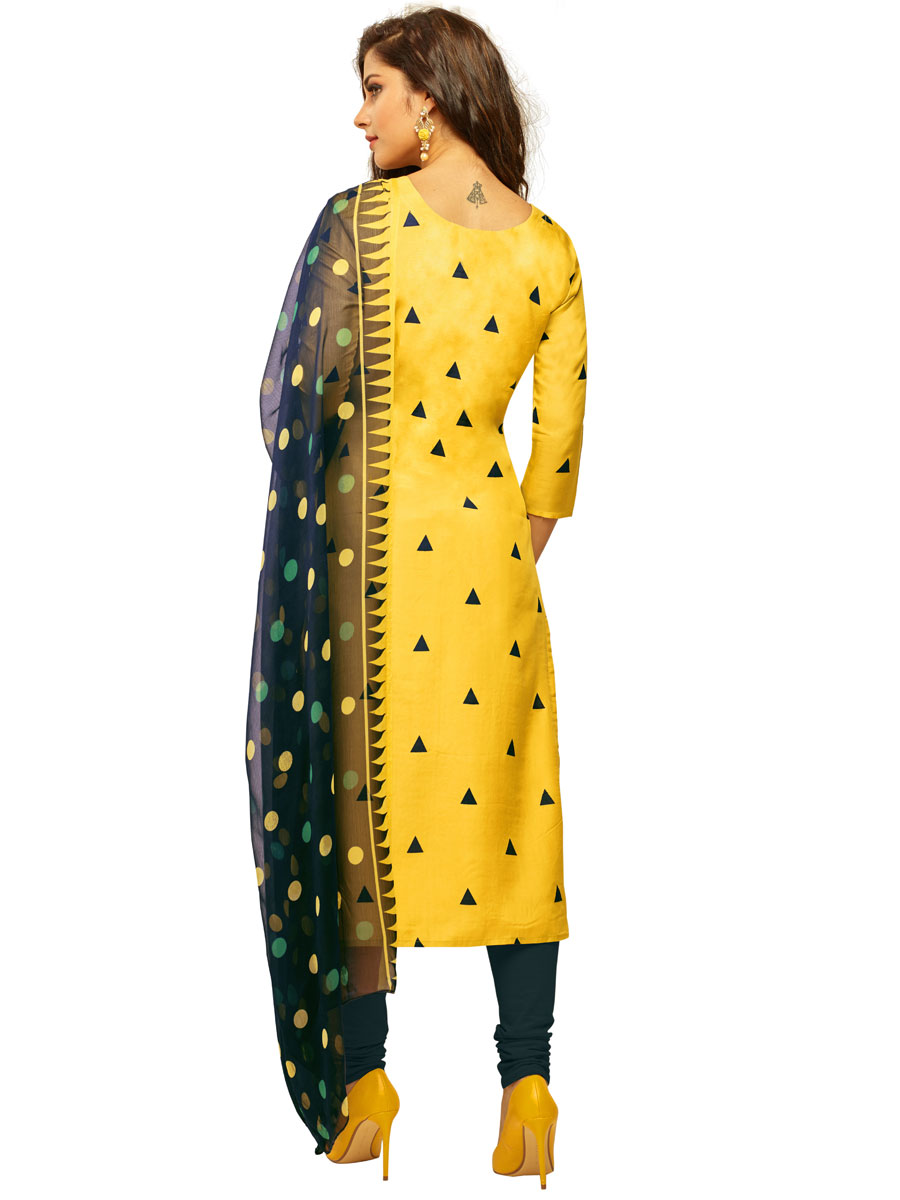 Yellow Crape Embroidered Party Churidar Pant Kameez