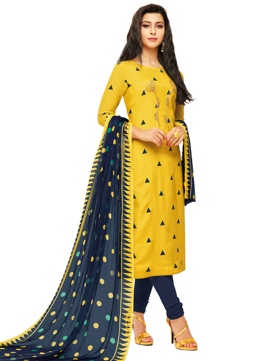 Yellow Crape Embroidered Party Churidar Pant Kameez