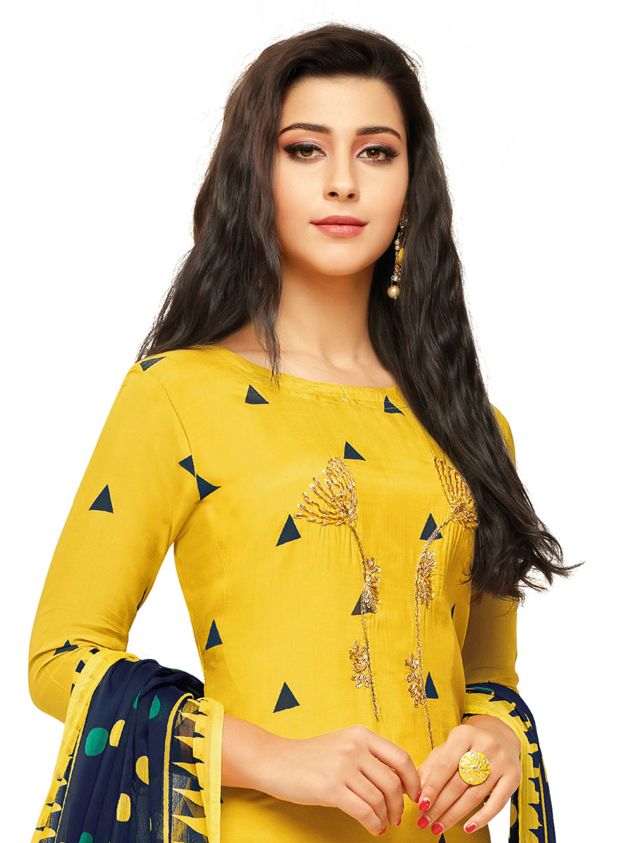 Yellow Crape Embroidered Party Churidar Pant Kameez