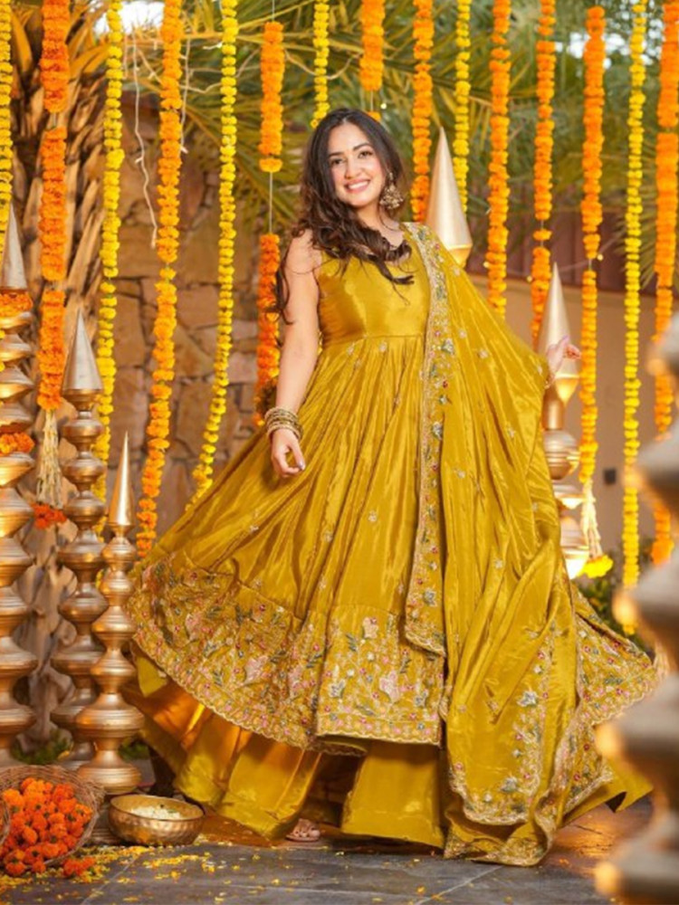 Image of Yellow Crepe Silk Embroidery Sequins Party Wedding Festival Casual Ready Anarkali Palazzo Pant Salwar Kameez