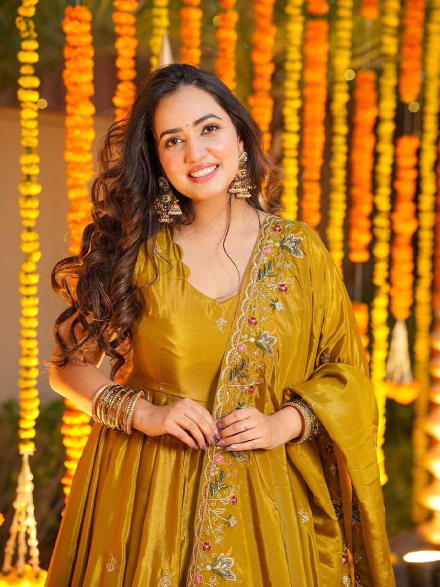 Yellow Crepe Silk Embroidery Sequins Party Wedding Festival Casual Ready Anarkali Palazzo Pant Salwar Kameez