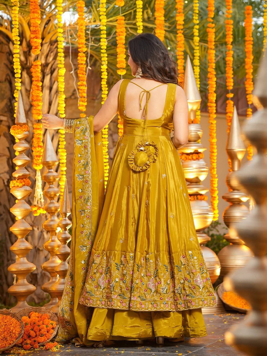 Yellow Crepe Silk Embroidery Sequins Party Wedding Festival Casual Ready Anarkali Palazzo Pant Salwar Kameez