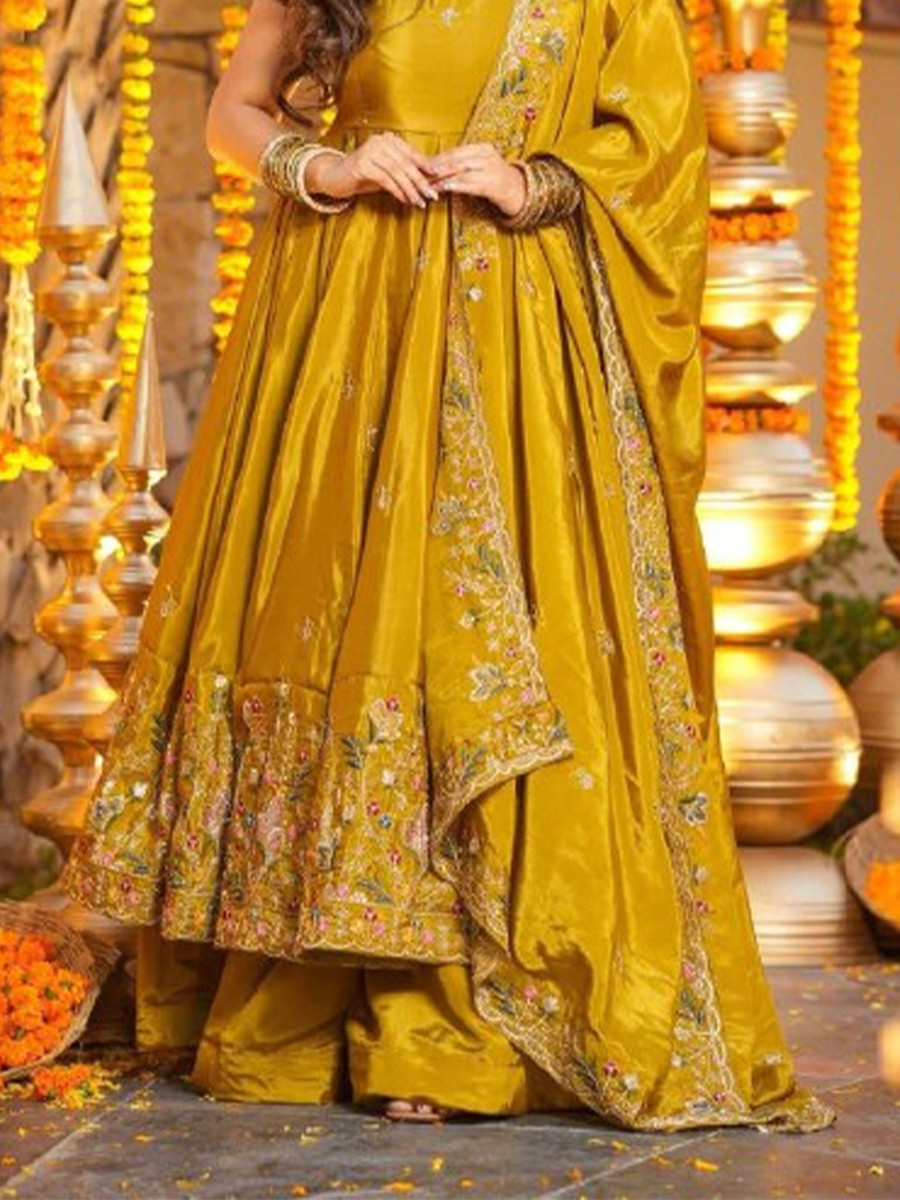 Yellow Crepe Silk Embroidery Sequins Party Wedding Festival Casual Ready Anarkali Palazzo Pant Salwar Kameez
