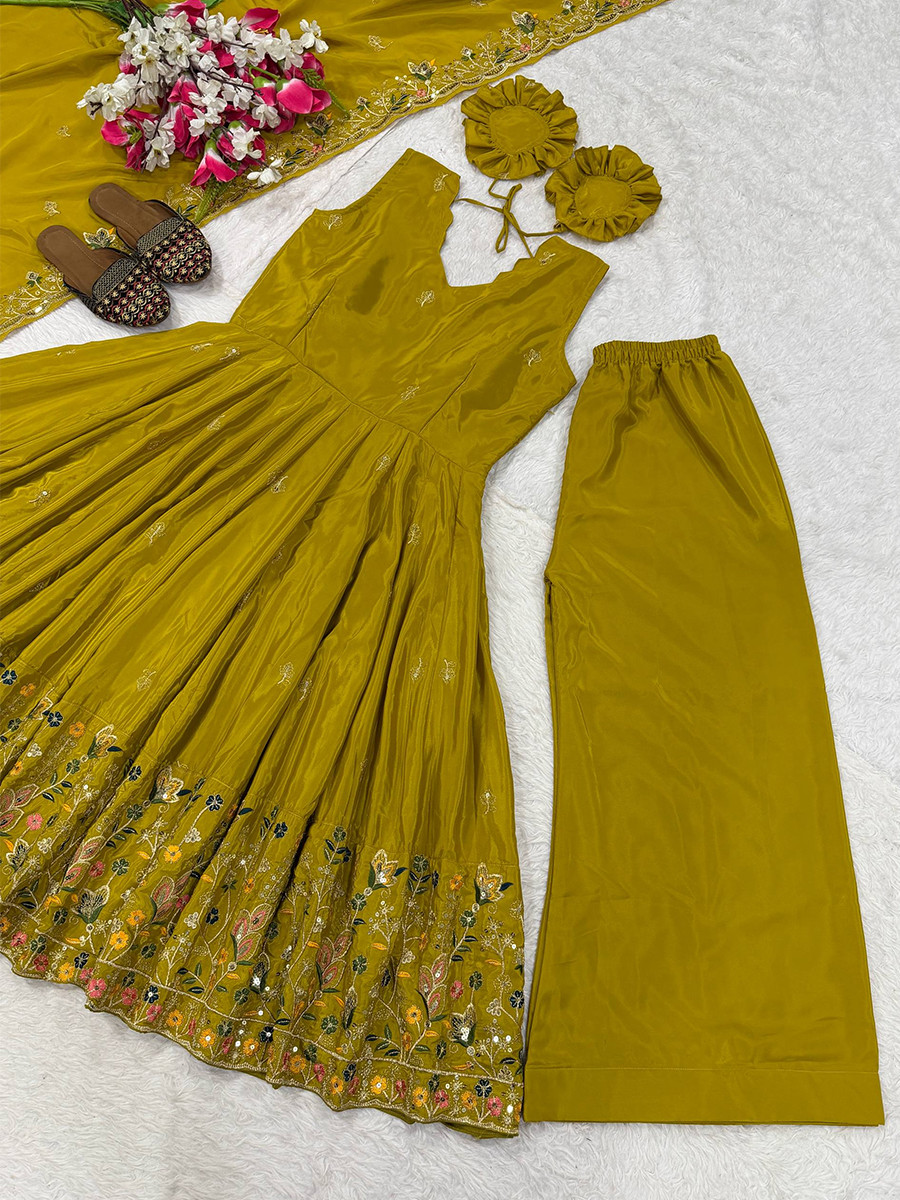 Yellow Crepe Silk Embroidery Sequins Party Wedding Festival Casual Ready Anarkali Palazzo Pant Salwar Kameez