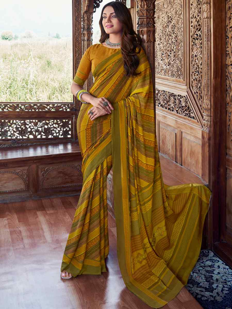 Yellow Crepe Silk Printed Casual Festival Contemporary Saree