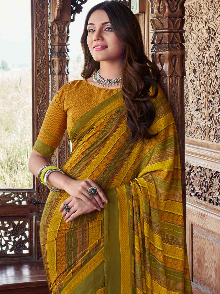 Yellow Crepe Silk Printed Casual Festival Contemporary Saree