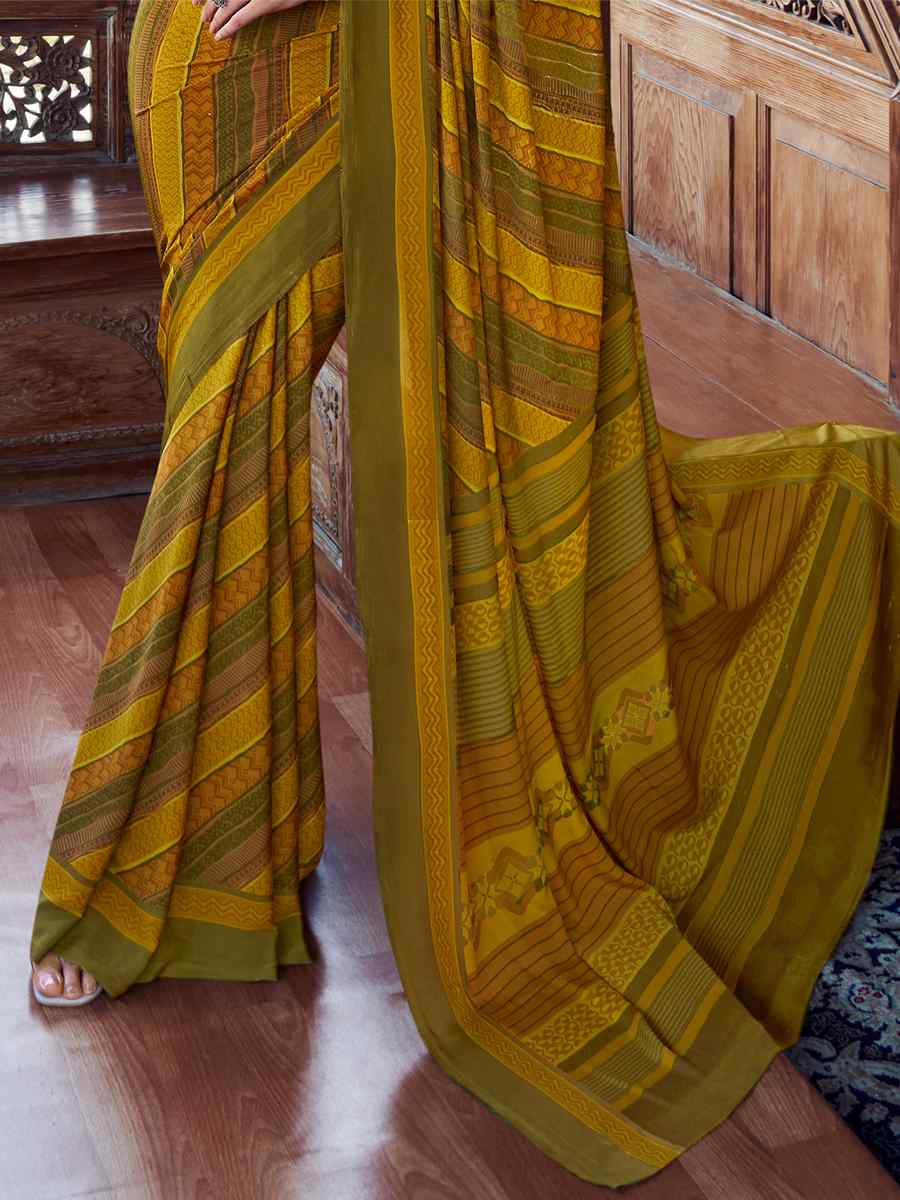 Yellow Crepe Silk Printed Casual Festival Contemporary Saree