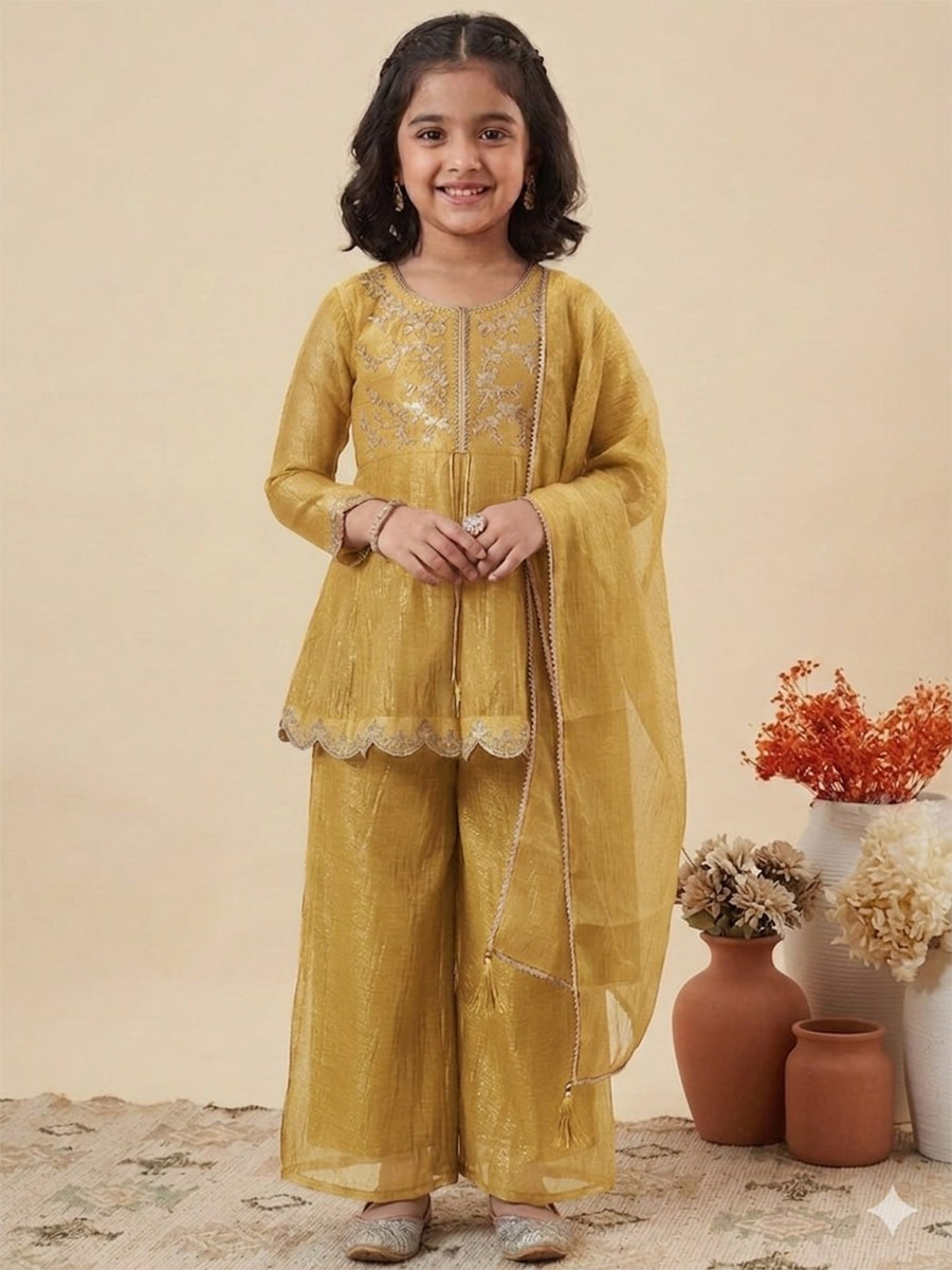 Yellow Crunchy Silk Embroidered Ethnic Casual Festival Party Wedding Salwars Girls Wear
