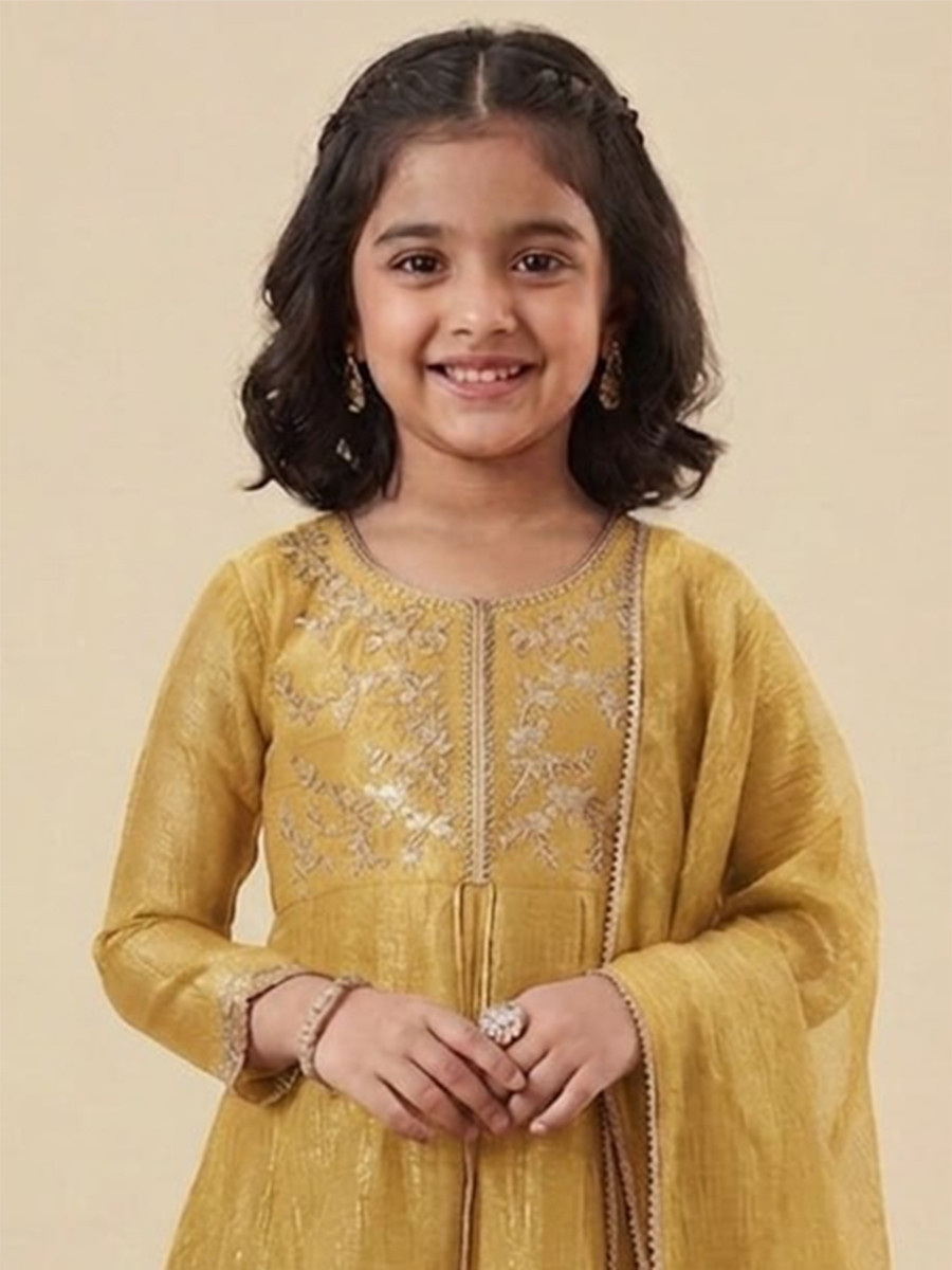 Yellow Crunchy Silk Embroidered Ethnic Casual Festival Party Wedding Salwars Girls Wear
