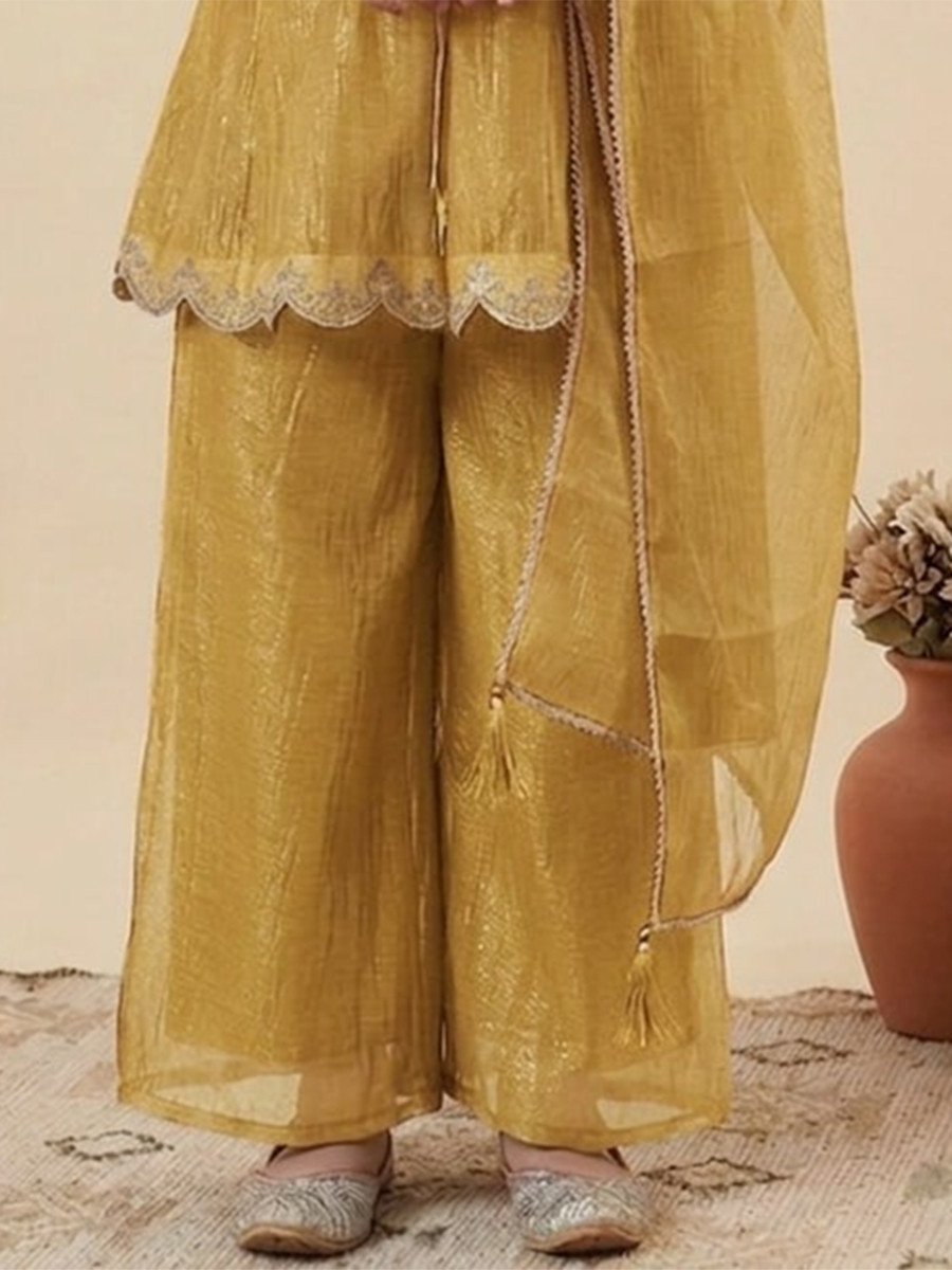 Yellow Crunchy Silk Embroidered Ethnic Casual Festival Party Wedding Salwars Girls Wear