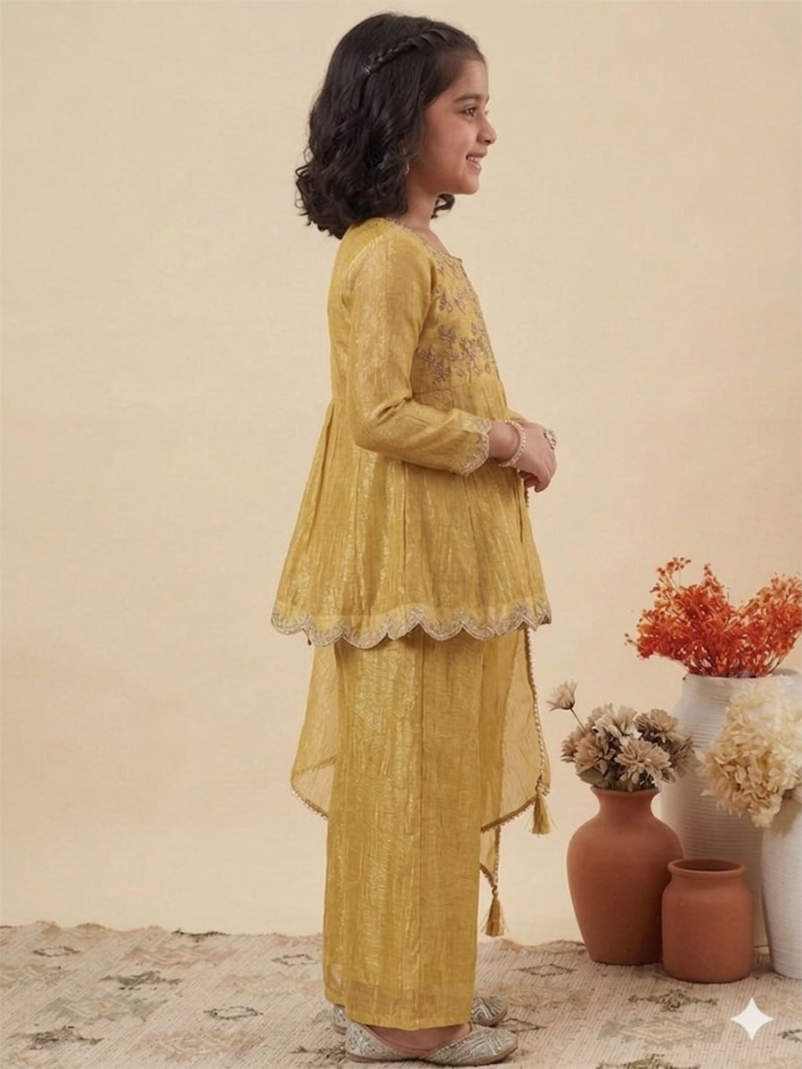 Yellow Crunchy Silk Embroidered Ethnic Casual Festival Party Wedding Salwars Girls Wear
