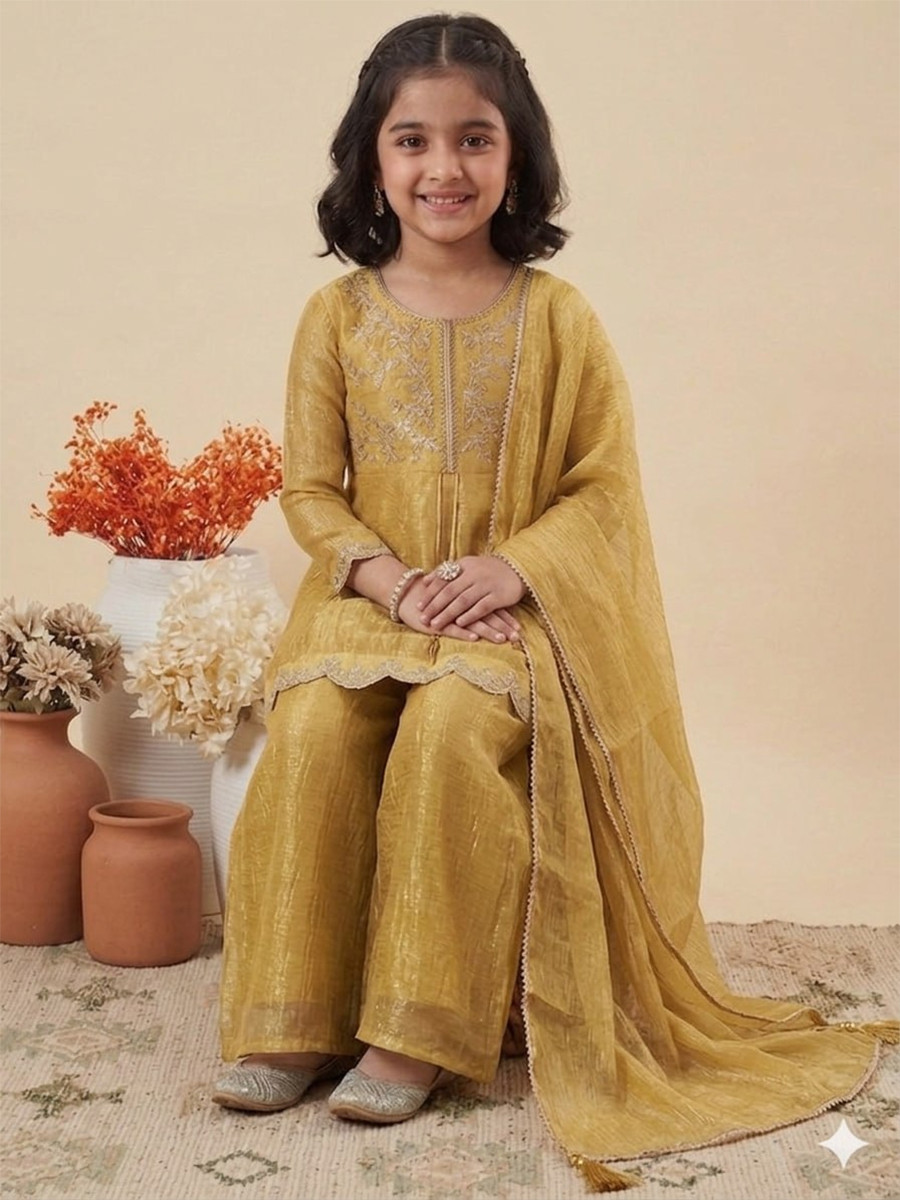 Yellow Crunchy Silk Embroidered Ethnic Casual Festival Party Wedding Salwars Girls Wear